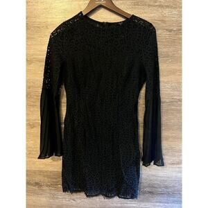 IRIS Black Dress size Small Cocktail Long bell Sleeves Short Lace Elegant Party
